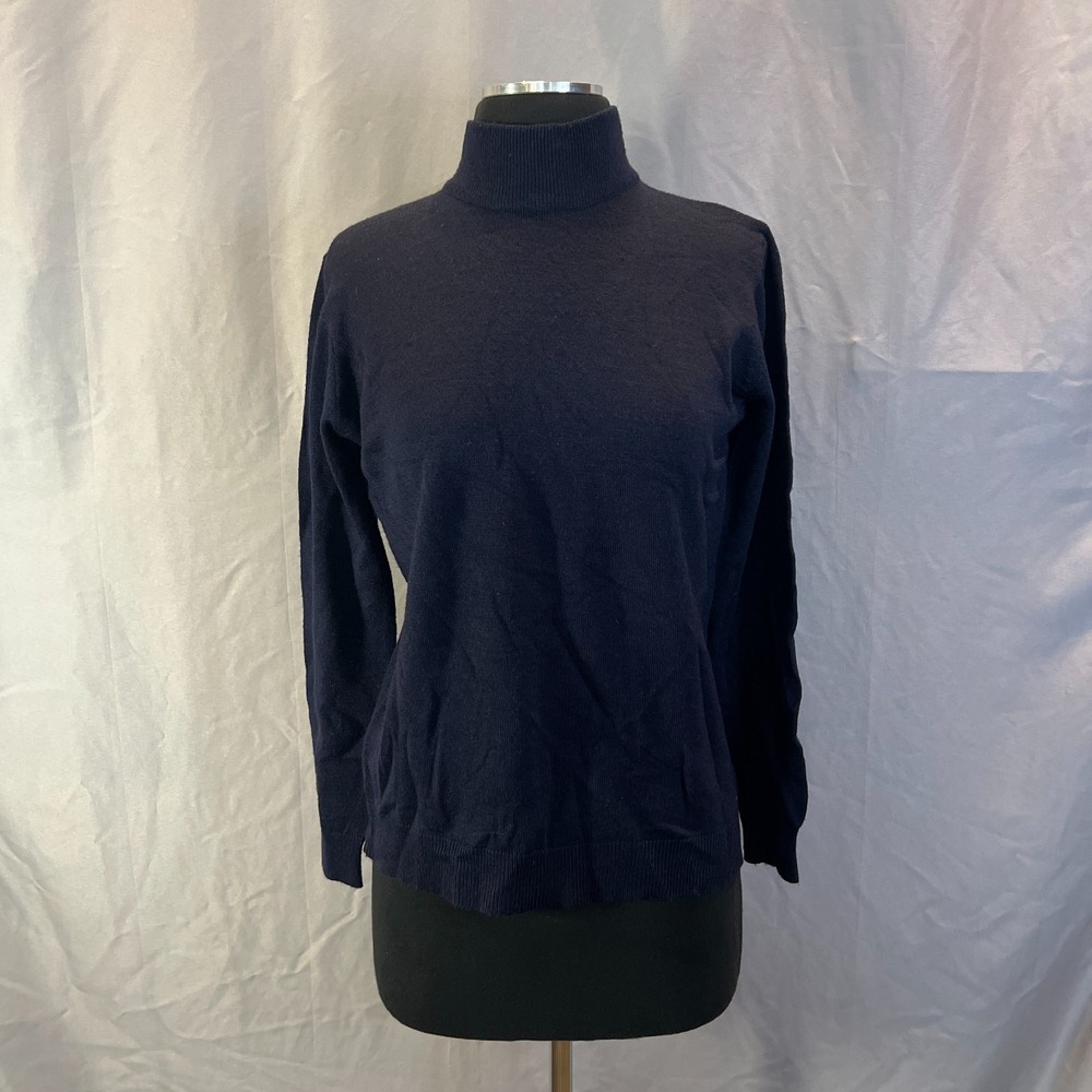 Vintage Outlander Studio Sweater Women Small Navy Blue Wool Mock Neck Tight Knit